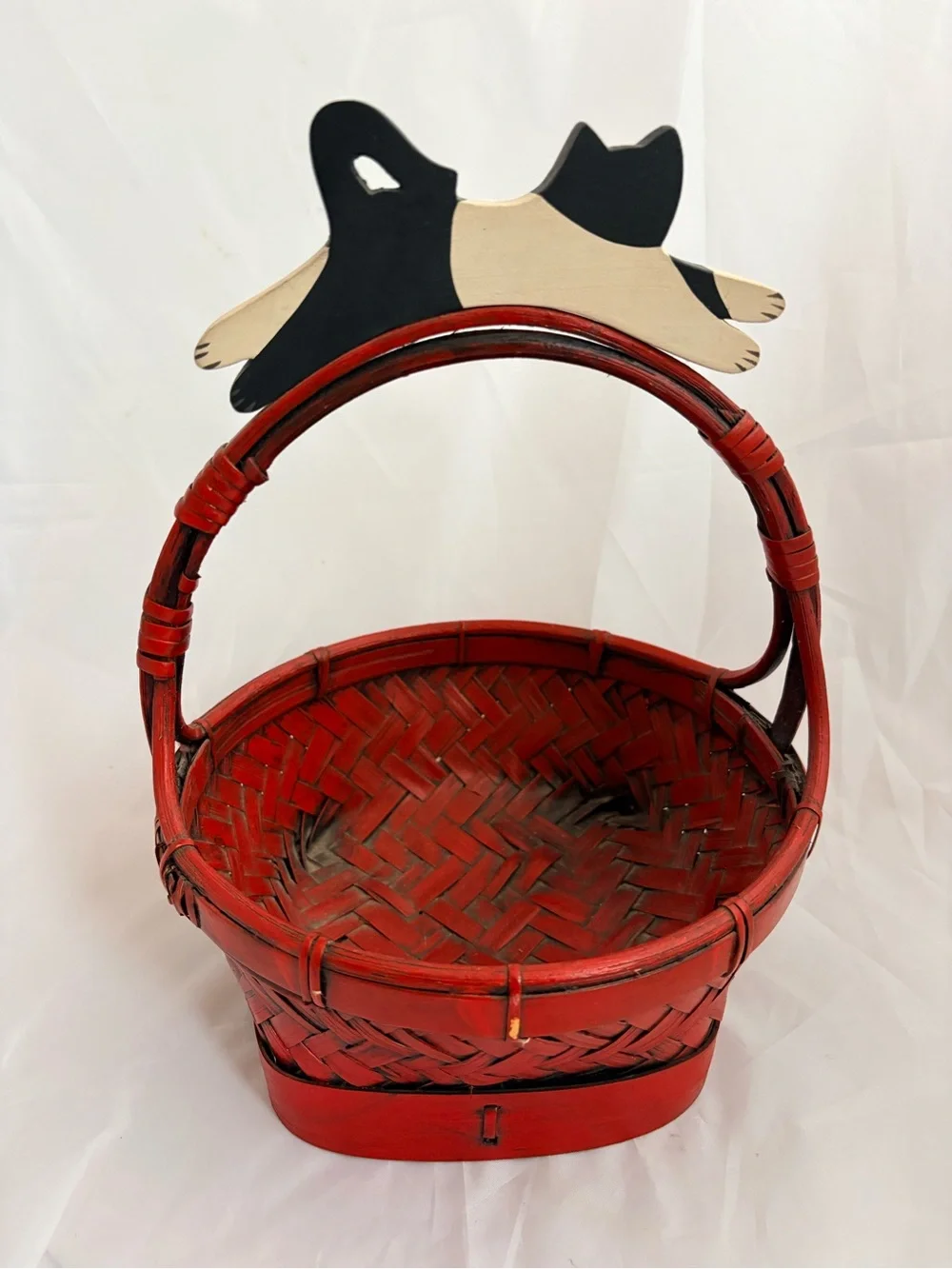 Red Woven Basket with Cat Handle - Home Accents